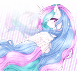 Size: 3500x3241 | Tagged: safe, artist:cristate, princess celestia, alicorn, pony, blushing, female, horn, mare, multicolored mane, solo, white coat