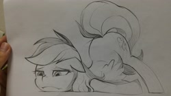 Size: 4160x2340 | Tagged: safe, artist:초보놀이, derpibooru import, rainbow dash, pegasus, pony, black and white, face down ass up, grayscale, monochrome, solo, traditional art
