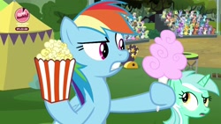 Size: 1920x1080 | Tagged: safe, derpibooru import, screencap, lyra heartstrings, rainbow dash, pegasus, pony, the washouts (episode), cotton candy, dashie hates ripoffs, female, food, hoof hold, mare, popcorn