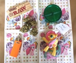 Size: 1192x990 | Tagged: safe, derpibooru import, fluttershy, pinkie pie, rainbow dash, twilight sparkle, twilight sparkle (alicorn), alicorn, pony, /mlp/, 420, 4chan, drugs, female, grinder, irl, lighter, mare, marijuana, mcdonald's happy meal toys, photo, rainbow power, tissue, toy