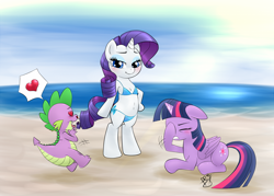 Size: 1200x859 | Tagged: safe, artist:pia-sama, derpibooru import, rarity, spike, twilight sparkle, twilight sparkle (alicorn), alicorn, dragon, pony, unicorn, beach, belly button, bikini, bipedal, blood, clothes, facehoof, facepalm, fallen get, female, implied chestbreasts, male, mare, nosebleed, shipping, sparity, straight, swimsuit