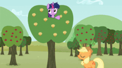 Size: 710x397 | Tagged: safe, artist:agrol, applejack, derpy hooves, twilight sparkle, twilight sparkle (alicorn), alicorn, earth pony, pony, animated, food, gif, muffin, sweet apple acres, that pony sure does love muffins, twolight