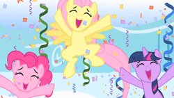 Size: 1280x720 | Tagged: safe, derpibooru import, screencap, fluttershy, pinkie pie, twilight sparkle, earth pony, pegasus, pony, sonic rainboom (episode), cheering, confetti, spread arms, spread wings, streamers, wings