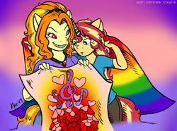 Size: 1200x891 | Tagged: safe, artist:kaemantis, adagio dazzle, sunset shimmer, anthro, comic:junior gala, female, gay pride flag, gradient background, grin, lesbian, mare, pride, pride flag, pride month, shipping, smiling, sunsagio