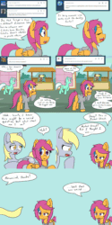 Size: 1200x2400 | Tagged: safe, artist:jake heritagu, derpy hooves, lyra heartstrings, scootaloo, pony, comic:ask motherly scootaloo, animated, ask, comic, food stand, gif, hairpin, motherly scootaloo, ponyville, sweatshirt, time glitch