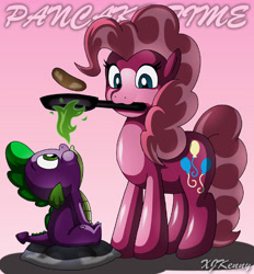 Size: 550x592 | Tagged: safe, artist:xjkenny, pinkie pie, spike, dragon, earth pony, pony, cooking, fire, mouth hold, pan, pancakes