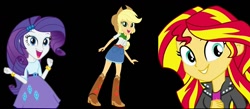 Size: 918x401 | Tagged: safe, applejack, rarity, sunset shimmer, equestria girls, black background, simple background