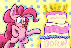 Size: 500x341 | Tagged: safe, artist:heir-of-rick, pinkie pie, earth pony, pony, birthday, cake, happy birthday, impossibly large ears, solo, tongue out