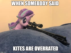 Size: 666x500 | Tagged: safe, artist:nekokevin, edit, starlight glimmer, pony, series:nekokevin's glimmy, caption, exploitable meme, gun, image macro, imgflip, irl, kite, meme, photo, plushie, snipelight glimmer, sniper, text, that pony sure does love kites