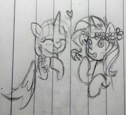 Size: 1016x925 | Tagged: safe, artist:chautung, sunset shimmer, twilight sparkle, twilight sparkle (alicorn), alicorn, pony, unicorn, cute, eyes closed, female, floral head wreath, flower, heart, lesbian, lined paper, mare, pencil drawing, present, shimmerbetes, shipping, sunsetsparkle, tongue out, traditional art