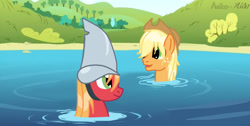 Size: 1330x668 | Tagged: safe, artist:asika-aida, applejack, applejack (male), big macintosh, macareina, earth pony, pony, leap of faith, rule 63, shark hat, wet mane