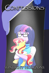 Size: 1000x1500 | Tagged: safe, artist:jase1505, night light, sci-twi, sunset shimmer, twilight sparkle, twilight velvet, comic:confessions, series:sunlight horizons, equestria girls, alternate costumes, cover, cover art, female, hug, lesbian, plushie, scared, scitwishimmer, shipping, sunsetsparkle