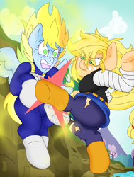 Size: 1700x2250 | Tagged: safe, artist:blackbewhite2k7, derpibooru import, applejack, rainbow dash, earth pony, pegasus, pony, android 18, anime, broken wing, crossover, dragon ball z, fight, kicking, super saiyan, vegeta