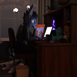 Size: 1500x1500 | Tagged: safe, artist:tahublade7, derpy hooves, oc, oc:inkjet, anthro, mule, 3d, 4chan cup, cereal, computer, daz studio, female, food, lava lamp, mare, plushie, safest hooves, shoes, sneakers