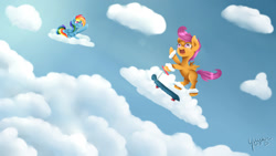 Size: 1280x720 | Tagged: safe, artist:yuukon, derpibooru import, rainbow dash, scootaloo, pegasus, pony, cloud, cloudy, scooter, waving