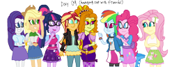 Size: 3024x1164 | Tagged: safe, artist:ktd1993, derpibooru import, adagio dazzle, applejack, fluttershy, pinkie pie, rainbow dash, rarity, sci-twi, sunset shimmer, twilight sparkle, equestria girls, 30 day otp challenge, female, humane five, humane seven, humane six, lesbian, shipping, sunsagio