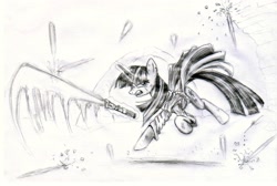 Size: 2416x1624 | Tagged: safe, artist:thedrunkcoyote, derpibooru import, twilight sparkle, clothes, jedi, lightsaber, monochrome, sketch, solo, star wars, traditional art