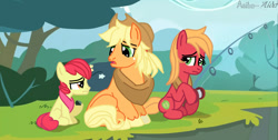 Size: 1366x687 | Tagged: safe, artist:asika-aida, apple bloom, applebuck, applejack, applejack (male), big macintosh, macareina, earth pony, pony, leap of faith, fishing rod, rule 63