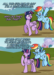 Size: 1280x1784 | Tagged: safe, artist:ladyanidraws, artist:mlp-vector-collabs, derpibooru import, rainbow dash, twilight sparkle, twilight sparkle (alicorn), alicorn, pegasus, pony, 2 panel comic, ask, ask pun, comic, pun