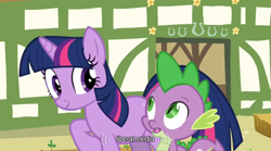 Size: 640x355 | Tagged: safe, derpibooru import, screencap, spike, twilight sparkle, dragon, meme, youtube caption