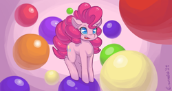 Size: 3840x2040 | Tagged: safe, artist:crombiettw, pinkie pie, earth pony, pony, balancing, fluffy, gumball, open mouth, smiling, solo