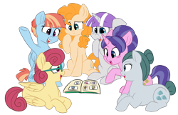 Size: 3344x2156 | Tagged: safe, artist:chub-wub, derpibooru import, applejack, cloudy quartz, cookie crumbles, fluttershy, pear butter, pinkie pie, posey shy, rainbow dash, rarity, twilight sparkle, twilight velvet, windy whistles, earth pony, pegasus, pony, unicorn, book, female, floppy ears, mane six, mare, mom six, photo album, prone, simple background, smiling, transparent background