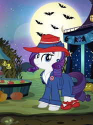 Size: 743x1000 | Tagged: safe, artist:pixelkitties, rarity, bat, pony, unicorn, badge, captain america, clothes, costume, full moon, hat, marvel, marvel cinematic universe, moon, night sky, nightmare night, peggy carter, solo, stars