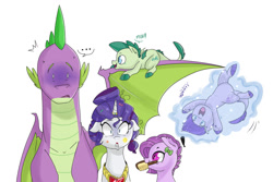 Size: 1024x683 | Tagged: safe, artist:craftedfun3, rarity, spike, oc, oc:crystal clarity, oc:lavender, oc:turquoise blitz, dracony, dragon, hybrid, pony, unicorn, alternate hairstyle, brushie, exclamation point, female, fire ruby, floppy ears, horn ring, interdimensional siblings, interspecies offspring, kilalaverse, levitation, magic, makeover, male, offspring, older, older spike, parent:rarity, parent:spike, parents:sparity, self-levitation, shipping, simple background, sparity, straight, telekinesis, white background, wings