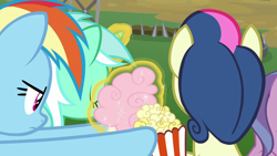 Size: 1280x720 | Tagged: safe, derpibooru import, screencap, bon bon, lyra heartstrings, rainbow dash, sweetie drops, pegasus, pony, the washouts (episode), cotton candy, food, popcorn, stealing