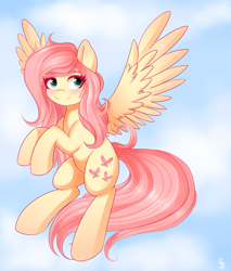 Size: 2300x2700 | Tagged: safe, artist:sirinsta, fluttershy, pegasus, pony, female, flying, mare, sky, smiling, solo