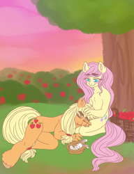 Size: 1024x1332 | Tagged: safe, artist:kingrat-face, angel bunny, applejack, fluttershy, anthro, appleshy, basket, blushing, bush, female, hat, lesbian, missing accessory, resting, shipping, sleeping, thick eyebrows