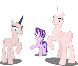 Size: 4827x4106 | Tagged: safe, artist:tralomine, artist:velveagicsentryyt, edit, edited edit, editor:slayerbvc, princess celestia, princess luna, starlight glimmer, alicorn, pony, unicorn, a royal problem, bald, base used, blushing, embarrassed, female, furless, furless edit, grin, looking back, mare, missing accessory, moonbutt, nervous, nervous grin, now you fucked up, nude edit, nudity, plot, plucked wings, raised hoof, royal sisters, shaved, shaved tail, simple background, smiling, spell gone wrong, sunbutt, this will end in tears and/or a journey to the moon, transparent background, underhoof, vector, vector edit, wat