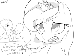 Size: 800x600 | Tagged: safe, artist:[redacted], princess celestia, princess luna, alicorn, pony, braces, filly, monochrome, sad eyes, speech bubble, woona