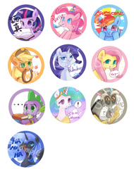 Size: 700x920 | Tagged: safe, artist:amy30535, applejack, discord, fluttershy, nightmare moon, pinkie pie, princess celestia, rainbow dash, rarity, spike, twilight sparkle, alicorn, dragon, earth pony, pegasus, pony, unicorn, badge, chinese, mane seven, mane six