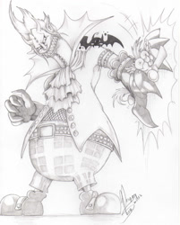 Size: 805x1000 | Tagged: safe, artist:sandragon, derpibooru import, rainbow dash, bat, pegasus, pony, crossover, gecko moria, monochrome, one piece, traditional art