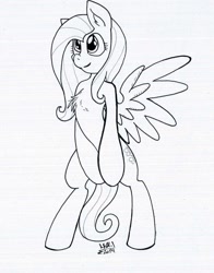 Size: 1024x1307 | Tagged: safe, artist:cyanyeh, fluttershy, pegasus, pony, bipedal, chest fluff, covering, monochrome, solo