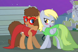 Size: 1024x683 | Tagged: safe, artist:mlp-trailgrazer, derpy hooves, oc, oc:trissie, earth pony, pony, blushing, canon x oc, clothes, dress, female, glasses, lesbian, shipping