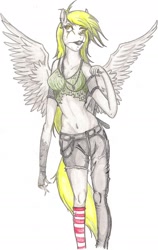 Size: 1272x2011 | Tagged: safe, artist:thegloriesbigj, derpy hooves, anthro, belly button, clothes, ear piercing, earring, female, jewelry, metal, midriff, necklace, piercing, simple background, socks, solo, spread wings, striped socks, tanktop, torn jeans, white background, wings