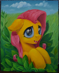 Size: 1500x1860 | Tagged: safe, artist:rallerae, fluttershy, pegasus, pony, fangs, oil painting, painting, redraw, solo, traditional art