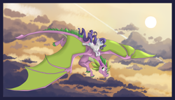 Size: 1024x586 | Tagged: safe, artist:theperfecta, rarity, spike, dragon, pony, unicorn, cloud, colored claws, female, flying, male, mare, older, older spike, shipping, sky, sparity, spread wings, straight, winged spike, wings
