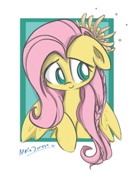 Size: 1216x1622 | Tagged: safe, artist:melodenesa, fluttershy, pegasus, pony, bust, floppy ears, flower in hair, looking away, portrait, simple background, smiling, solo, wings