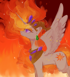 Size: 1200x1336 | Tagged: safe, artist:kkmrarar, nightmare star, princess celestia, alicorn, pony, spoiler:s05, female, fire, frown, lidded eyes, mane of fire, mare, solo, sparkles, spread wings, wings