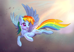 Size: 2841x1974 | Tagged: safe, artist:xbi, derpibooru import, rainbow dash, pegasus, pony, flying, head turn, open mouth, solo, spread wings, wallpaper, wings