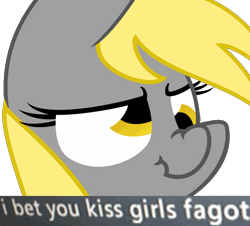 Size: 748x677 | Tagged: safe, derpy hooves, pegasus, pony, caption, close-up, derp, expand dong, exploitable meme, face, faggot, faic, female, frown, glare, image macro, mare, meme, nose wrinkle, reaction image, scrunchy face, simple background, slur, solo, text, transparent background, vulgar, wat