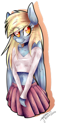 Size: 1024x2218 | Tagged: safe, artist:overtime-artist, derpy hooves, anthro, belly button, clothes, cute, folded wings, midriff, moe, pleated skirt, short shirt, signature, skirt, solo