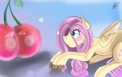 Size: 1262x791 | Tagged: safe, artist:mrscurlystyles, fluttershy, pegasus, pony, blushing, cherry, fluffy, frown, heart, prone, solo, unshorn fetlocks