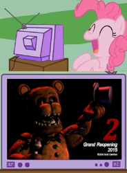 Size: 675x919 | Tagged: safe, pinkie pie, earth pony, pony, exploitable meme, five nights at freddy's, giggling, meme, obligatory pony, tv meme