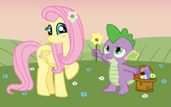 Size: 1251x779 | Tagged: safe, artist:majkashinoda626, fluttershy, spike, dragon, pegasus, pony, basket, female, flower, flutterspike, male, shipping, straight