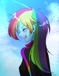 Size: 700x900 | Tagged: safe, artist:weiliy, derpibooru import, rainbow dash, equestria girls, blushing, bust, eyes closed, female, open mouth, profile, solo