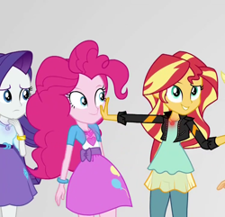 Size: 748x720 | Tagged: safe, screencap, pinkie pie, rarity, sunset shimmer, equestria girls, mirror magic, spoiler:eqg specials, cropped, geode of empathy, geode of shielding, geode of sugar bombs, glow, hand on face, mirror world